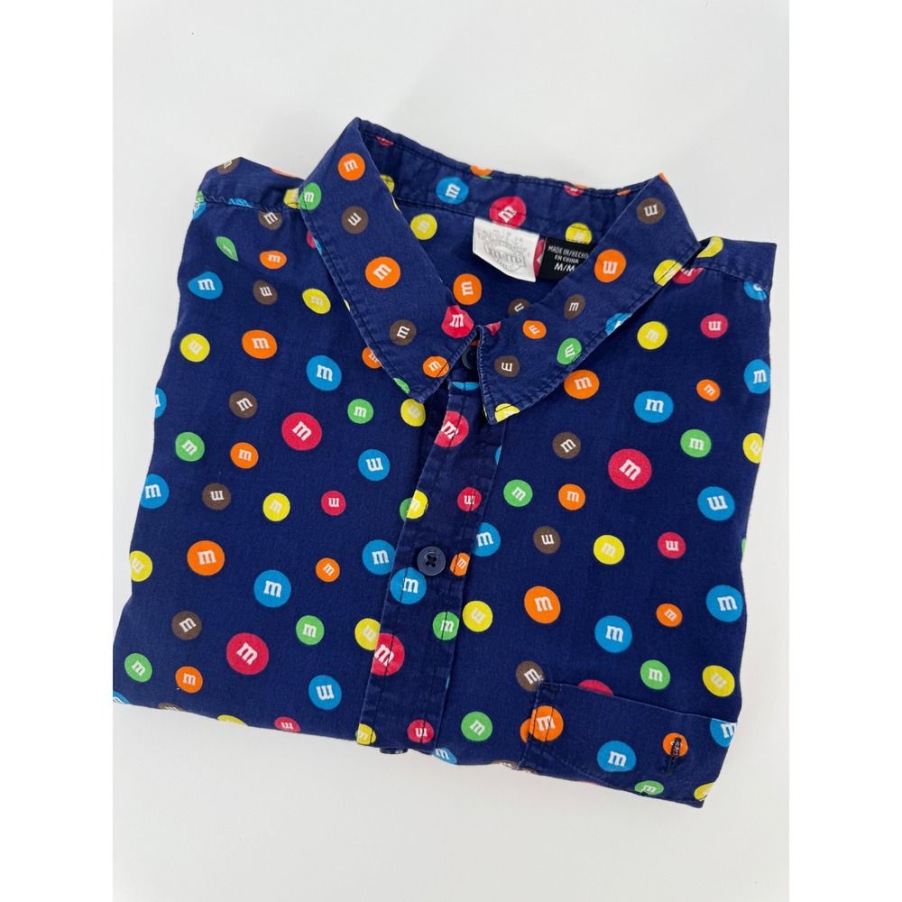 M&Ms‎ Mens Navy Blue All Over Candy Print Short Sleeve Button Down Shirt Medium